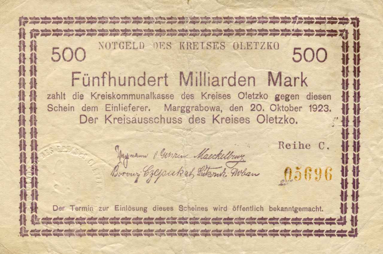 Jednostronny banknot o nominale 500 miliardów marek. Ze zbiorów Zdzisława Bereśniewicza.