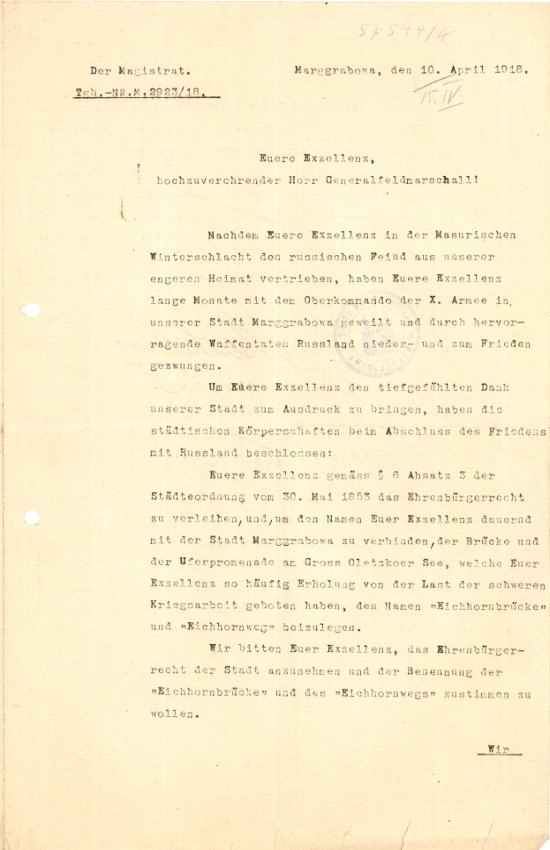 Pismo adresowane do Hermanna von Eichhorna.